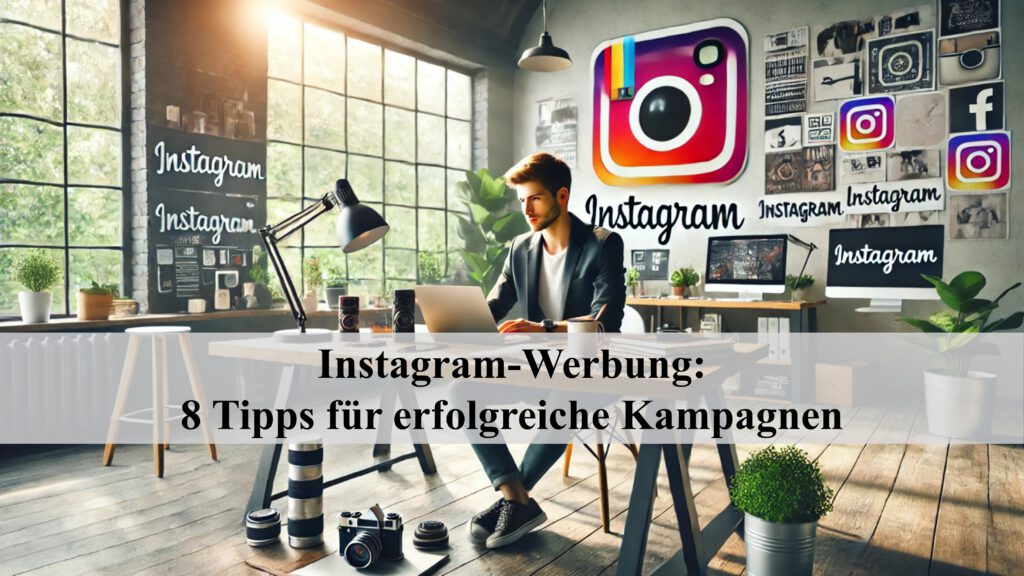 Ein männlicher Content Creator sitzt in einem modernen Loft am Schreibtisch und gestaltet Instagram-Werbung (PR Stunt / ChatGPT)