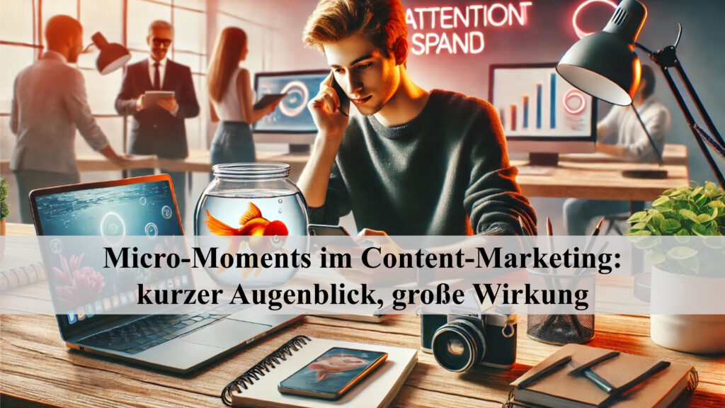 Ein männlicher Content Marketer sitzt in einem Büro am Schreibtisch und macht sich Gedanken über Micro-Moments-Strategien (PR Stunt / ChatGPT)